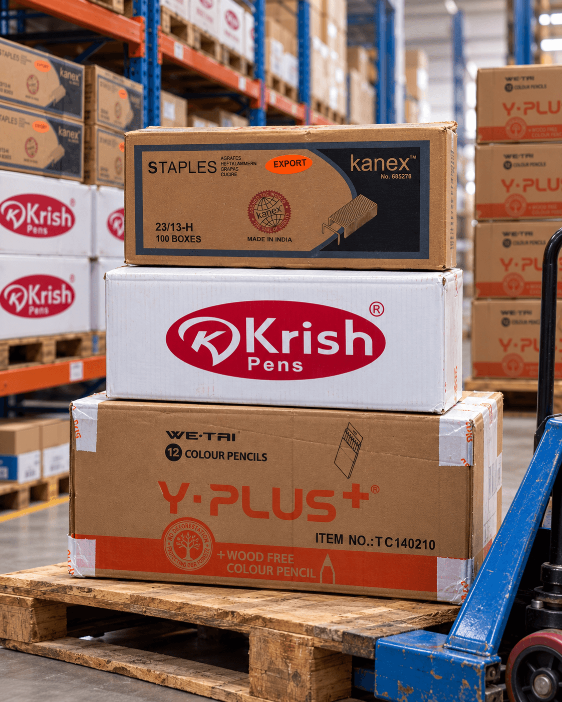 Cartons Y-Plus+, KRISH et KANEX dans un entrepôt de fournitures